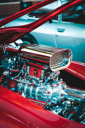 Motore di auto classico, motore cromato, macchina classica rossa, finezza ingegneristica, Vista dettagliata, motore dell'auto, macchina vintage, design automobilistico, spettacolo automobilistico, Dettagli del motore, restauro dell'automobile