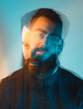 bearded man, black plaid shirt, double exposure, artistic portrait, cool lighting, button up shirt, bearded portrait, double exposure effect, artistic lighting, man with beard, plaid button up