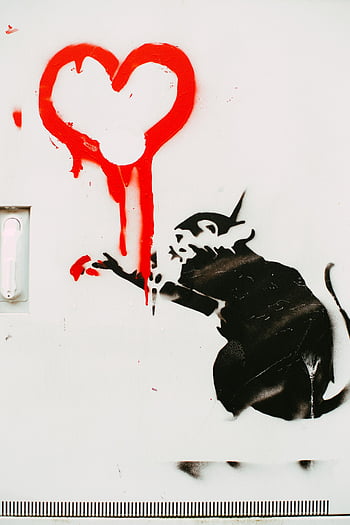 street art, black rat, red heart, white wall, graffiti, urban art, Banksy, dripping heart, mural, stencil art, rat reaching heart